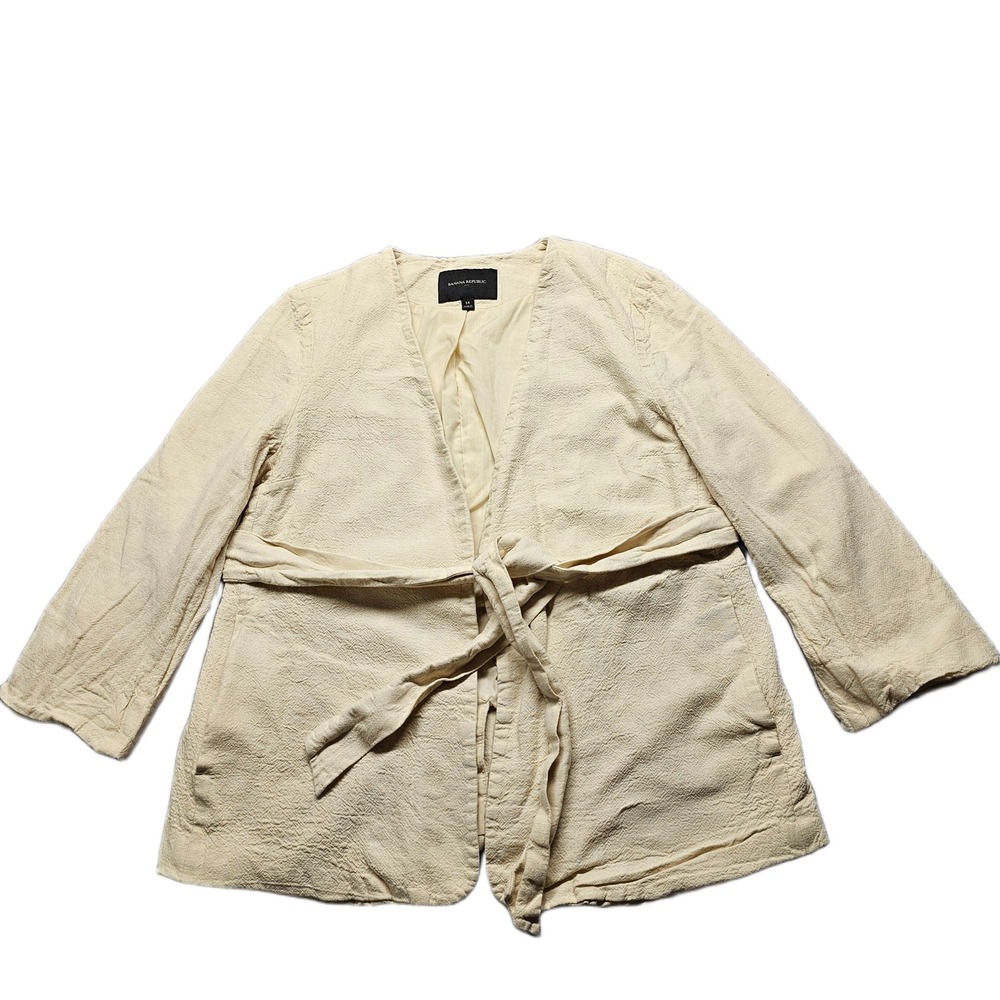 Banana Republic Twist Blazer Jacket Womens 14 Wheat Tan Linen Blend Tie Waist